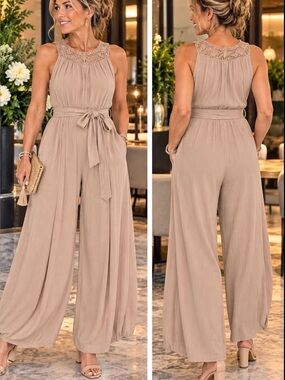 Luxology Taupe Wide-Leg Jumpsuit with Lace Yoke